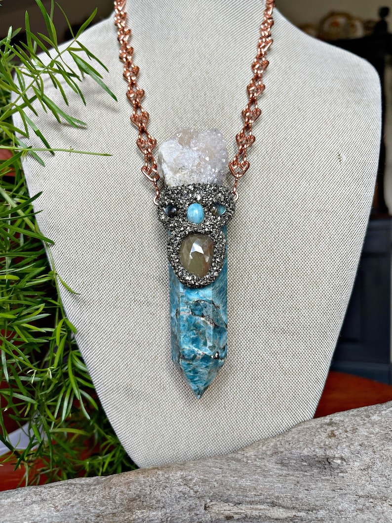 Large Apatite Necklace w/ Spirit Quartz, Sapphire, Larimar, Labradorite & handmade Chain, Made in USA image 1