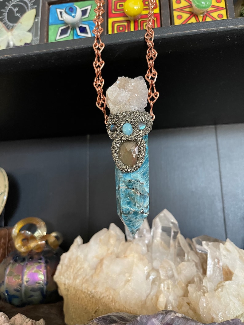 Large Apatite Necklace w/ Spirit Quartz, Sapphire, Larimar, Labradorite & handmade Chain, Made in USA image 9