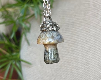 Stone Mushroom Necklace, Moss Agate Jewelry