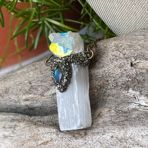 Selenite Necklace w/ Angel Aura Quartz & Labradorite, Raw Crystal Jewelry, Made in USA image 5