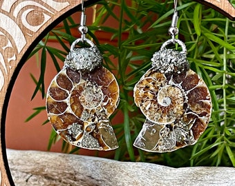 Pyrite & Ammonite Earrings, Natural Fossil Jewelry for Her