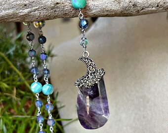 Fluorite & Moon Necklace w/ Beaded Chain, Crystal Jewelry Spiritual, Made in USA