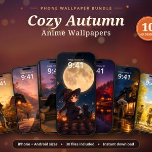 Puede incluir: Un paquete digital de 10 fondos de pantalla HD para teléfono estilo anime con temas otoñales. La imagen muestra siete teléfonos inteligentes con varias escenas, incluyendo una bruja con un gato bajo la luna llena, paisajes rurales y árboles dorados. El texto dice Cozy Autumn Anime Wallpapers y 10 HD DESIGNS.