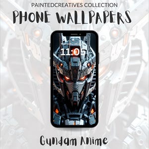 May include: A phone wallpaper featuring a close-up of a Gundam robot head with glowing red eyes. The phone screen displays the time "11:05" and the day "Wednesday, January". The text "Gundam Anime" is displayed below the phone.