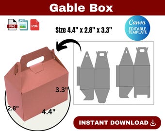 Gable Box Template, Gable Box SVG, gift box svg, party Favor Box, gamble box size 4.4" x 2.8" x 3.3", DIY Box Template, Canva template,