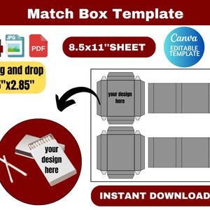 Könnte beinhalten: Matchbox-Vorlagendesign mit dem Text "Match Box Template" oben. Das Design umfasst ein Streichholzschachtel-Layout, Dateityp-Symbole und den Text "drag and drop 5"x2.85"" und "8.5x11" SHEET". Die Worte "your design here" sind ebenfalls sichtbar.
