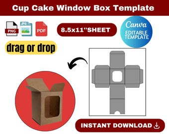 cup cake window box template, Cake box SVG, Cup Cake Packaging SVG, Window Box Template, Box Template SVG, canva template, instant download