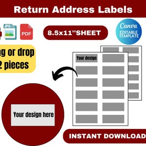 May include: A graphic with the text "Return Address Labels" and "8.5x11" SHEET". The image includes icons for PNG, JPG, and PDF files, along with the text "drag or drop 12 pieces". There is a Canva editable template.