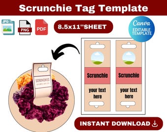 Scrunchie Tag Template, Scrunchie Tag Template SVG, Scrunchie Holder Template, Scrunchie tag label, Customizable Wrap Tag