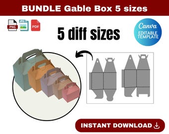 Gable Box Template bundle, Gable Box SVG, gift box svg, party Favor Box, gamble box 5 size, DIY Box Template, Canva template,