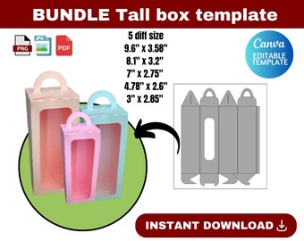 May include: A bundle of tall box templates in pink, light blue, and peach, with a handle and a window. The image includes a diagram and text: "BUNDLE Tall box template", "5 diff size", and "INSTANT DOWNLOAD". The boxes measure up to 9.6" x 3.58".