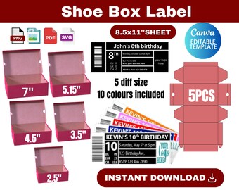 Shoe Box Template, Shoe Box SVG, Sneaker Box Template, Shoe box label svg, Gift Box Svg , Party Favors box, Shoe Box, 10 colours, 5sizes,