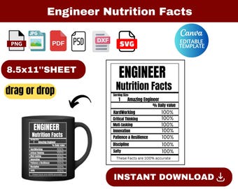 Engineer Nutrition Fact, Engineer Nutrition Fact SVG, Gift for Engineer svg, Mug svg, Engineer shirt svg, Engineer cut file svg