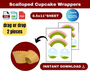 Scalloped Cupcake Wrapper, Scalloped Wrappers Svg, Cupcake Wrappers, Scalloped Cup Cake Wrapper Template, canva template, instant download