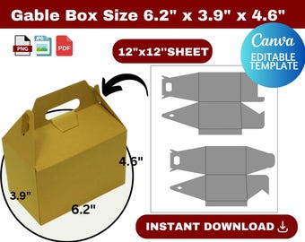 Gable Box Template, Gable Box SVG, gift box svg, party Favor Box, gamble box size  6.2" x 3.9" x 4.6", DIY Box Template, Canva template
