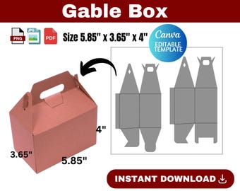 Gable Box Template, Gable Box SVG, gift box svg, party Favor Box, gamble box size 5.85" x 3.65" x 4", DIY Box Template, Canva template,