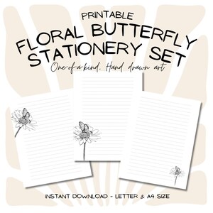 Juego de papelería con diseño de mariposas y flores, imprimible, descarga instantánea, tamaño carta/A4, con líneas y sin líneas, archivo PDF con motivos botánicos naturales