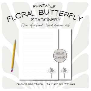 Papelería con diseño de mariposas y flores para imprimir, descarga instantánea, tamaño carta/A4, con líneas o sin líneas, archivo PDF con motivos botánicos naturales