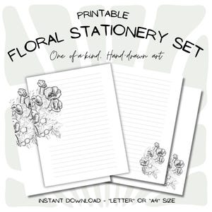 Juego de papelería con amapolas florales, imprimible, descarga instantánea, tamaño carta/A4, con líneas o sin líneas, archivo PDF con motivos botánicos naturales