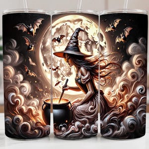 May include: A Halloween-themed tumbler featuring a witch stirring a cauldron under a full moon, surrounded by bats and swirling clouds. The design is dark and detailed, with a black and orange color scheme. The tumbler has a straw.