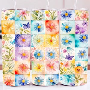 Bloemenquilt Tumbler Wrap PNG: patchwork bloemenvlinder sublimatieontwerp (digitale download)