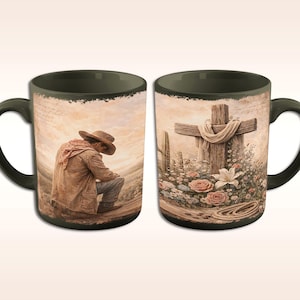 Western Christian Mug Wrap PNG: Praying Cowboy Rustic Cross Ranch Design (Digital Download)