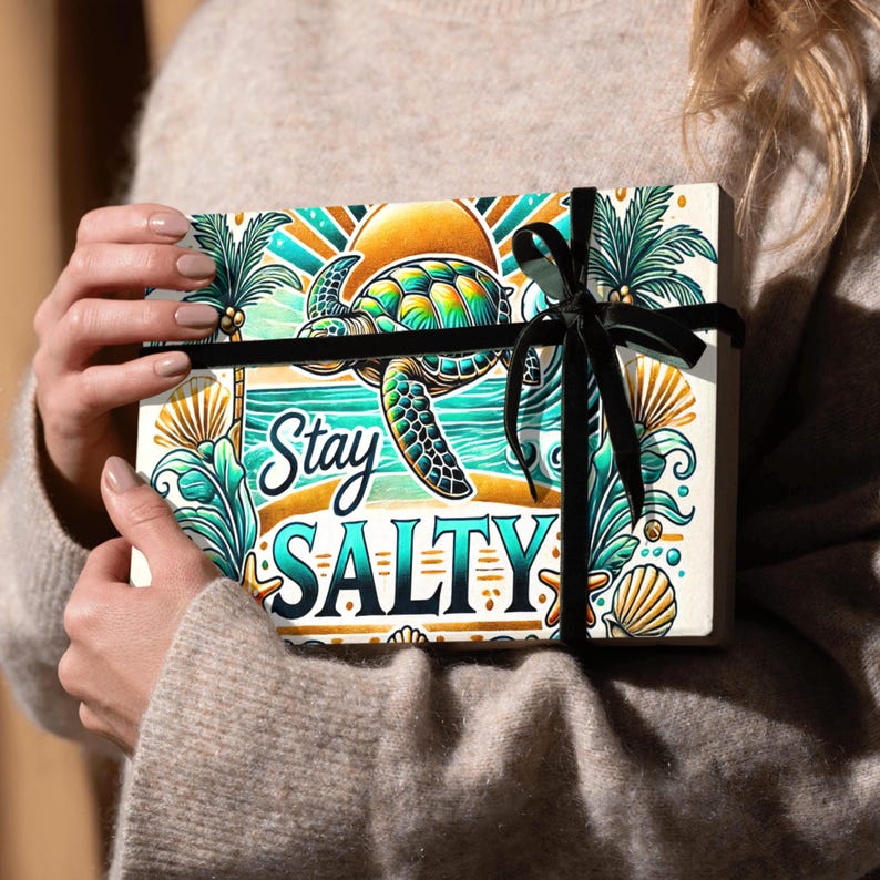 Tropical sea turtle tumbler wrap featuring a colorful turtle, sunset, palm trees, ocean waves, seashells, and "Stay Salty" text in a vibrant coastal design. Designed for 20 oz skinny tumbler sublimation
