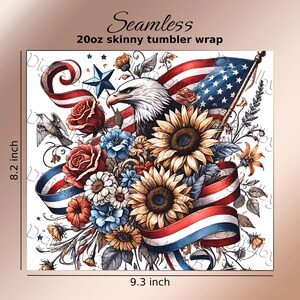 Patriotic tumbler wrap PNG bundle featuring 5 seamless Americana designs with American flags, sunflowers, stars, and red white and blue floral elements. These vibrant patriotic sublimation wraps are perfect for 20 oz skinny tumblers, summer drinkware, Independence Day crafts, and USA themed gifts. Ideal for 4th of July celebrations, Memorial Day projects, and patriotic DIY sublimation designs for tumblers and drinkware.