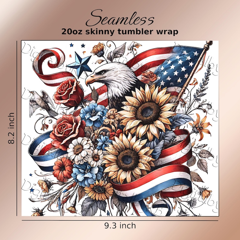 Patriotic tumbler wrap PNG bundle featuring 5 seamless Americana designs with American flags, sunflowers, stars, and red white and blue floral elements. These vibrant patriotic sublimation wraps are perfect for 20 oz skinny tumblers, summer drinkware, Independence Day crafts, and USA themed gifts. Ideal for 4th of July celebrations, Memorial Day projects, and patriotic DIY sublimation designs for tumblers and drinkware.