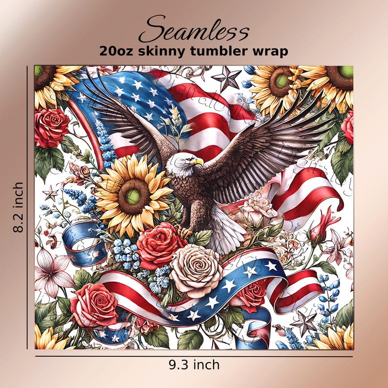 Patriotic tumbler wrap PNG bundle featuring 5 seamless Americana designs with American flags, sunflowers, stars, and red white and blue floral elements. These vibrant patriotic sublimation wraps are perfect for 20 oz skinny tumblers, summer drinkware, Independence Day crafts, and USA themed gifts. Ideal for 4th of July celebrations, Memorial Day projects, and patriotic DIY sublimation designs for tumblers and drinkware.