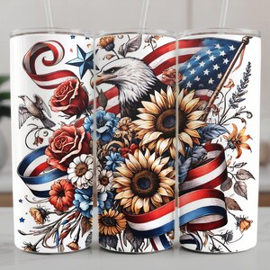 Patriotic tumbler wrap PNG bundle featuring 5 seamless Americana designs with American flags, sunflowers, stars, and red white and blue floral elements. These vibrant patriotic sublimation wraps are perfect for 20 oz skinny tumblers, summer drinkware, Independence Day crafts, and USA themed gifts. Ideal for 4th of July celebrations, Memorial Day projects, and patriotic DIY sublimation designs for tumblers and drinkware.