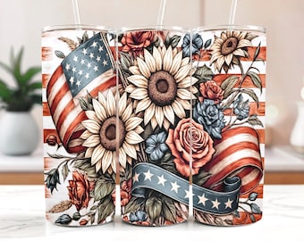 Patriotic Tumbler Wrap PNG: American Flag Floral 20 oz Skinny Design (Digital Download)