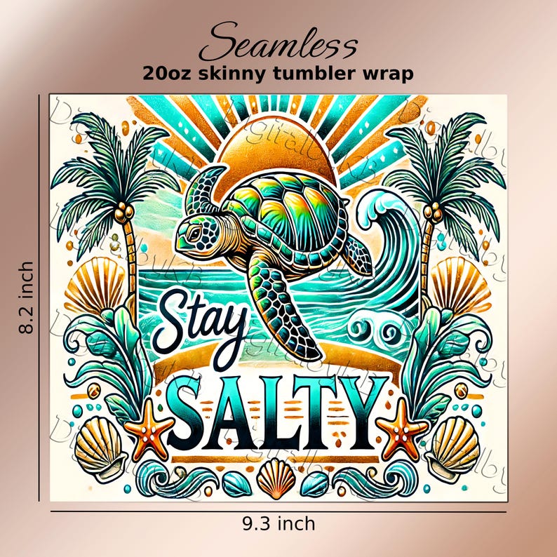 Ride the waves and stay salty with this tropical beach tumbler wrap! Featuring a vibrant sea turtle, golden sunset, palm trees, ocean waves, seashells, and starfish. Designed for 20 oz skinny tumblers, this high-quality PNG brings bold coastal vibes to your sublimation projects.