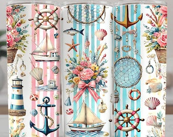 Envoltura para vaso estilo cottagecore náutico: Diseño de sublimación de veleros, anclas y faros (descarga digital)