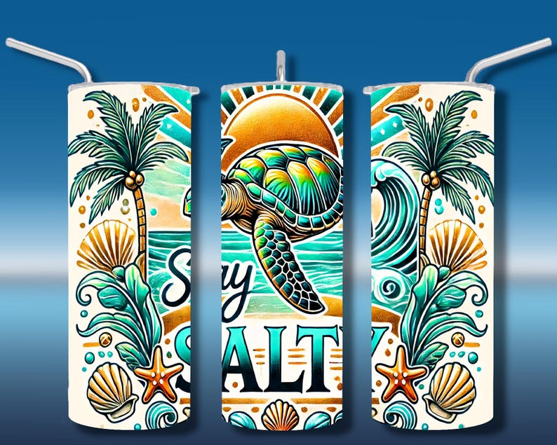 Tropical sea turtle tumbler wrap featuring a colorful turtle, sunset, palm trees, ocean waves, seashells, and "Stay Salty" text in a vibrant coastal design. Designed for 20 oz skinny tumbler sublimation