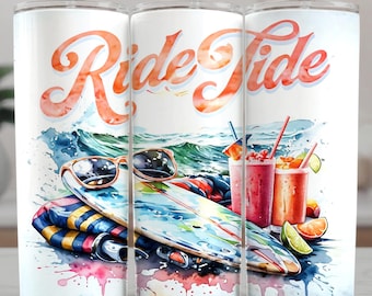 Diseño PNG para vaso Ride Tide Surfing: Diseño de sublimación de tabla de surf en acuarela (Descarga digital)