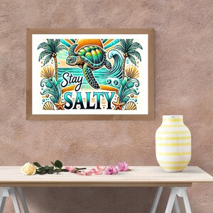 Tropical sea turtle tumbler wrap featuring a colorful turtle, sunset, palm trees, ocean waves, seashells, and "Stay Salty" text in a vibrant coastal design. Designed for 20 oz skinny tumbler sublimation