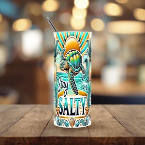 Ride the waves and stay salty with this tropical beach tumbler wrap! Featuring a vibrant sea turtle, golden sunset, palm trees, ocean waves, seashells, and starfish. Designed for 20 oz skinny tumblers, this high-quality PNG brings bold coastal vibes to your sublimation projects.