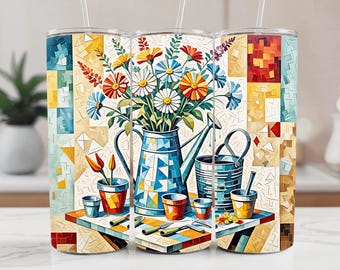 Gardening Tumbler Wrap PNG: Stained Glass Mosaic Floral Tumbler Sublimation Design (Digital Download)