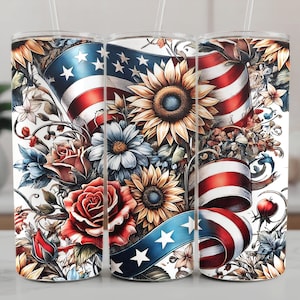 Patriotic tumbler wrap PNG bundle featuring 5 seamless Americana designs with American flags, sunflowers, stars, and red white and blue floral elements. These vibrant patriotic sublimation wraps are perfect for 20 oz skinny tumblers, summer drinkware, Independence Day crafts, and USA themed gifts. Ideal for 4th of July celebrations, Memorial Day projects, and patriotic DIY sublimation designs for tumblers and drinkware.