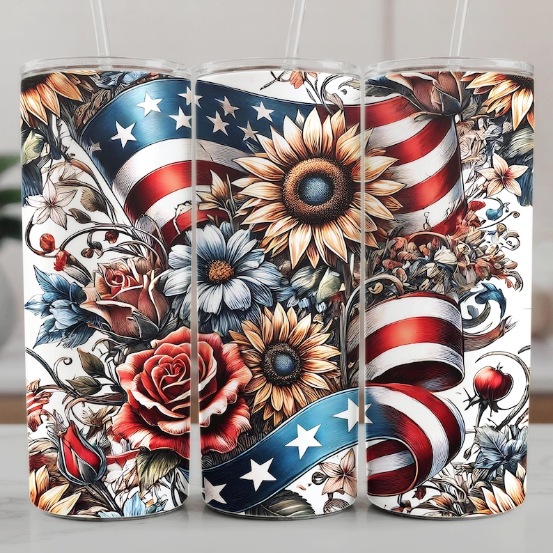 Patriotic tumbler wrap PNG bundle featuring 5 seamless Americana designs with American flags, sunflowers, stars, and red white and blue floral elements. These vibrant patriotic sublimation wraps are perfect for 20 oz skinny tumblers, summer drinkware, Independence Day crafts, and USA themed gifts. Ideal for 4th of July celebrations, Memorial Day projects, and patriotic DIY sublimation designs for tumblers and drinkware.