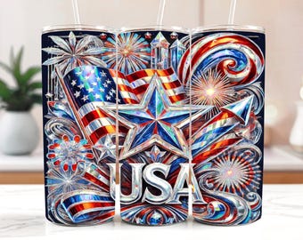 American Flag Tumbler Wrap PNG BUNDLE – Patriotic USA Fireworks Red White Blue Design 5-Piece Bundle – 20 oz Skinny Tumbler Sublimation