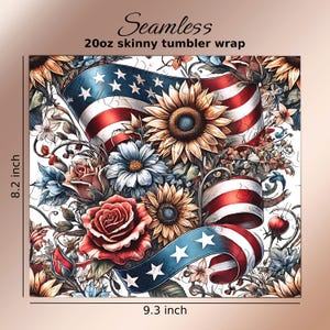 Patriotic tumbler wrap PNG bundle featuring 5 seamless Americana designs with American flags, sunflowers, stars, and red white and blue floral elements. These vibrant patriotic sublimation wraps are perfect for 20 oz skinny tumblers, summer drinkware, Independence Day crafts, and USA themed gifts. Ideal for 4th of July celebrations, Memorial Day projects, and patriotic DIY sublimation designs for tumblers and drinkware.