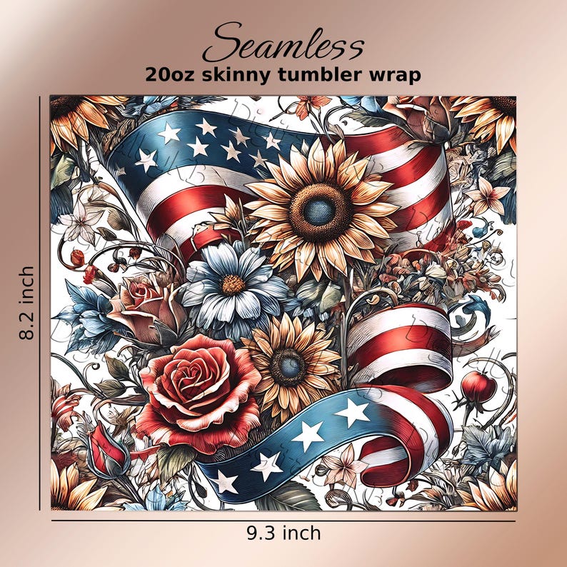 Patriotic tumbler wrap PNG bundle featuring 5 seamless Americana designs with American flags, sunflowers, stars, and red white and blue floral elements. These vibrant patriotic sublimation wraps are perfect for 20 oz skinny tumblers, summer drinkware, Independence Day crafts, and USA themed gifts. Ideal for 4th of July celebrations, Memorial Day projects, and patriotic DIY sublimation designs for tumblers and drinkware.