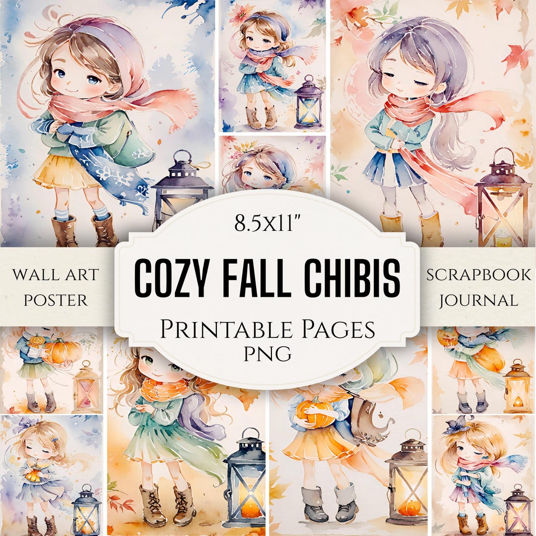 Kawaii Fall Chibi Girl Clip Art Bundle – 10 Printable Ephemera PNG ...
