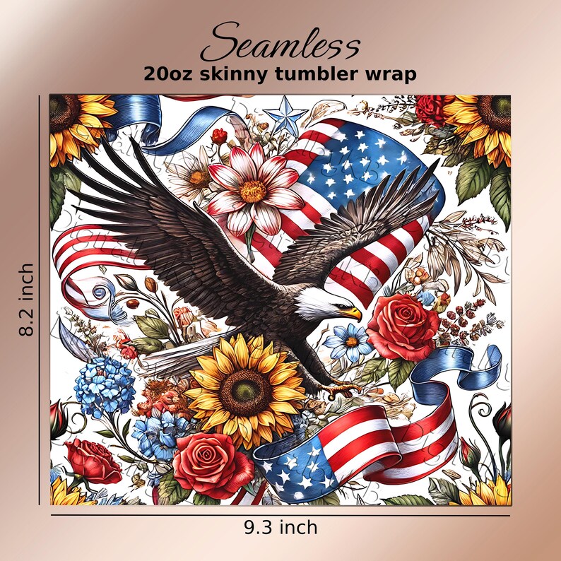 Patriotic tumbler wrap PNG bundle featuring 5 seamless Americana designs with American flags, sunflowers, stars, and red white and blue floral elements. These vibrant patriotic sublimation wraps are perfect for 20 oz skinny tumblers, summer drinkware, Independence Day crafts, and USA themed gifts. Ideal for 4th of July celebrations, Memorial Day projects, and patriotic DIY sublimation designs for tumblers and drinkware.