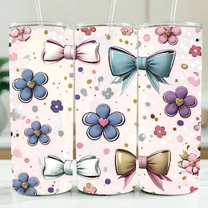 Tumbler floreale PNG – Fiocchi pastello Coquette e fiori cartoon – Tumbler sottile da 20 oz, design a sublimazione – Download digitale