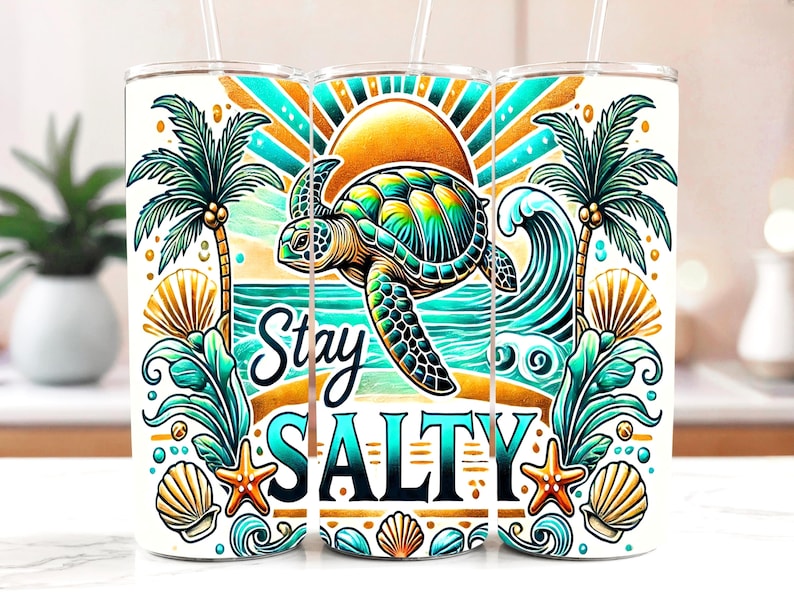 Ride the waves and stay salty with this tropical beach tumbler wrap! Featuring a vibrant sea turtle, golden sunset, palm trees, ocean waves, seashells, and starfish. Designed for 20 oz skinny tumblers, this high-quality PNG brings bold coastal vibes to your sublimation projects.