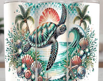 Envoltura de vaso de tortuga marina PNG: Diseño de olas del océano (descarga digital)