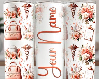 Custom Nurse Tumbler Wrap: Personalized Name Coquette Floral Medical Sublimation Design (Digital Download)